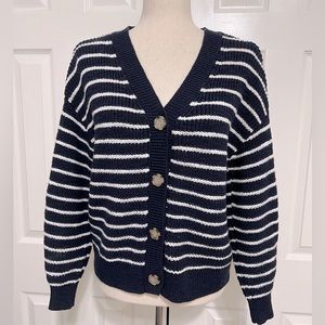 Loft- Navy & White Stripe Button Front V-Neck Sweater Size S cotton blend. Warm